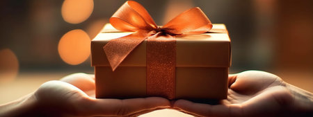 Female hands with beautiful present box holiday background. Unrecognizable caucasian woman holding gift box with bow. Birthday, Valentine day, Mother day, Christmas banner. AI Generative contentの素材