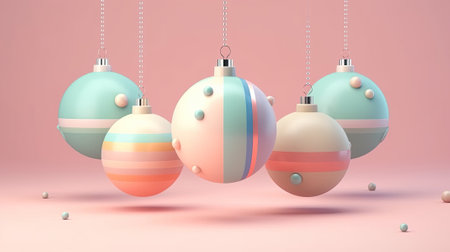 Christmas ornaments balls 3D shapes on gradient pastel color background. Cute cartoonish candy color Christmas decoration made with bubbly geometrical forms for greeting postcard. AI Generative contentの素材