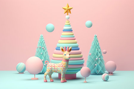 Christmas tree, deer and Christmas ornament balls 3D on gradient pastel colors background. Cute cartoonish candy colors Christmas decoration made with bubbly geometrical forms. AI Generative contentの素材