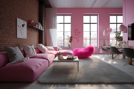 Pink decoration in cozy airy loft living room interior in barbiecore design style with natural light. Stylish modern female apartment with bright pink furniture and fluffy seats. AI Generative contentの素材