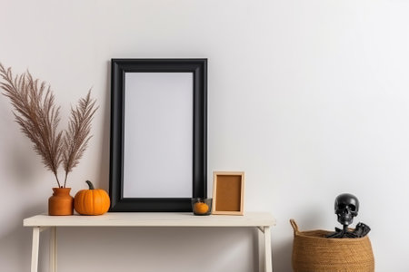 Print frame empty mockup on shelf in living room interior in dark colors design with natural light and autumn dry plants and Halloween skeleton decoration. AI Generative contentの素材
