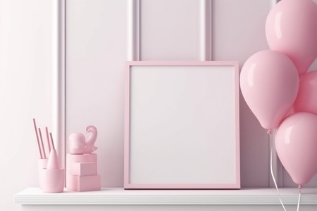 Print frame empty mockup on shelf in living room interior in pink colors design with natural light. Pink decoration in female apartment in barbiecore design style or girl room. AI Generative contentの素材