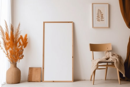 Print frame empty mockup on floor in living room interior in neutral colors design with natural light and autumn dry plants and pumpkins decoration. AI Generative contentの素材
