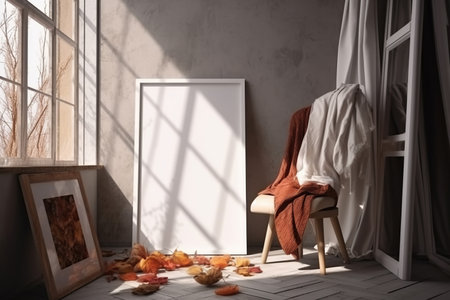 Print frame empty mockup on floor in living room interior in neutral colors design with natural light and autumn dry plants and pumpkins decoration. AI Generative contentの素材