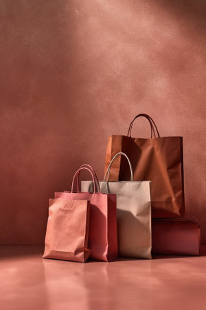 Christmas, New Year or birthday gift shopping bags vertical pink background for sales event flayers, promotion letters. AI Generative contentの素材