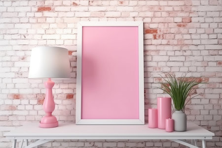 Print frame empty mockup on shelf in living room interior in pink colors design with natural light. Pink decoration in female apartment in barbiecore design style or girl room. AI Generative contentの素材