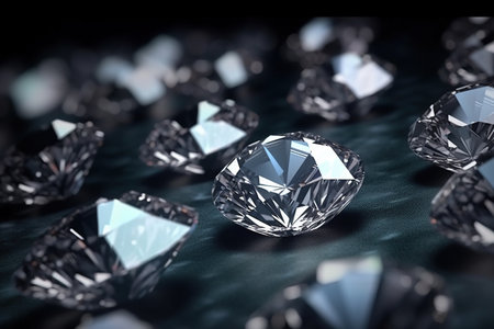 White diamonds gemstone closeup background in dark colors. Precious jewel stones sparkling with spectrum gleam macro on dark surface. AI Generative contentの素材