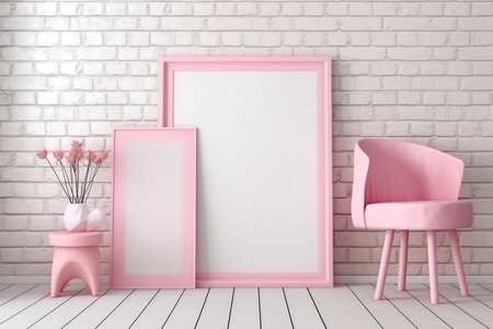 Print frame empty mockup on floor in living room interior in pink colors design with natural light. Pink decoration in female apartment in barbiecore design style or girl room. AI Generative contentの素材