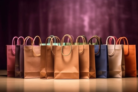 Christmas, New Year or birthday gift shopping bags background for sales event flayers, promotion letters. AI Generative contentの素材
