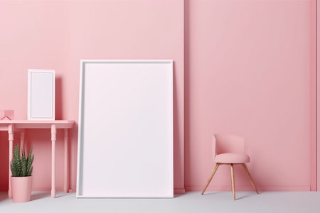 Print frame empty mockup on floor in living room interior in pink colors design with natural light. Pink decoration in female apartment in barbiecore design style or girl room. AI Generative contentの素材