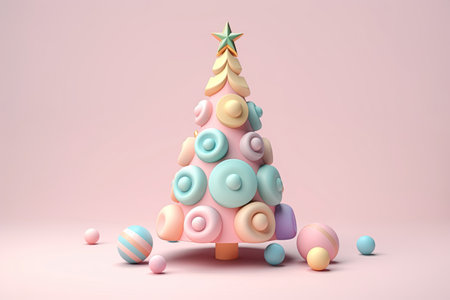 Christmas tree 3D gradient pastel colors background. Cute cartoonish candy colors Christmas decoration made with bubbly geometrical forms for event flayers, greeting postcards. AI Generative contentの素材