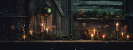 Christmas banner background with candles light and fir tree branches in dark rural interior with wooden wall. Natural cottagecore vibes and festive golden lights in the twilight. AI Generative contentの素材