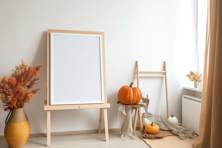 Print frame empty mockup in living room interior in neutral colors design with natural light and autumn dry plants and pumpkins decoration. AI Generative contentの素材