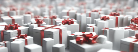 Present boxes holiday banner background with copy space. Gifts with bow pile. Valentine day, Mother day, Christmas, Black friday, shopping sale event, consumerism concept. AI Generative contentの素材
