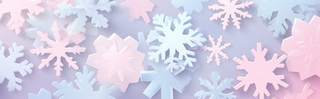 Multicolor snowflakes on candy gradient pastel color winter banner background with copy space for New Year, Christmas, party seasonal holiday promotion. Flat lay, top view. AI Generative contentの素材