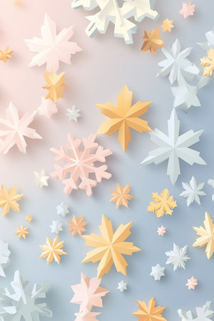 Multicolor snowflakes on candy gradient pastel color winter vertical background with copy space for New Year, Christmas, party seasonal holiday promotion. Flat lay, top view. AI Generative contentの素材