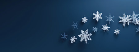 White snowflakes on dark blue winter long wide banner background with copy space for New Year, Christmas, party seasonal holiday promotion. Flat lay, top view. AI Generative contentの素材