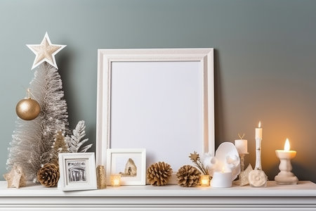 Print mockup on shelf in loft style living room interior in neutral colors design with Christmas tree decor. AI Generative contentの素材