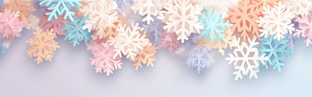 Multicolor snowflakes on candy gradient pastel color winter banner background with copy space for New Year, Christmas, party seasonal holiday promotion. Flat lay, top view. AI Generative contentの素材