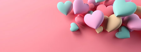 Bright pastel color 3D hearts on pink banner background with copy space for Valentine's Day, party, wedding seasonal holiday promotion. Flat lay, top view. AI Generative contentの素材