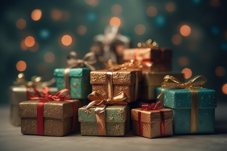 Present boxes holiday background with copy space. Gifts with bow pile. Birthday, Valentine day, Mother day, Christmas, Black friday, shopping sale event, consumerism concept. AI Generative contentの素材
