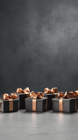 Present boxes holiday vertical background with copy space. Gifts with bow pile. Birthday, Valentine day, Mother day, Christmas, Black friday, shopping sale, consumerism concept. AI Generative contentの素材