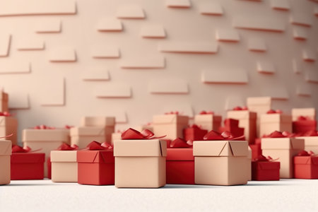 Present boxes holiday background with copy space. Gifts with bow pile. Birthday, Valentine day, Mother day, Christmas, Black friday, shopping sale event, consumerism concept. AI Generative contentの素材