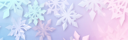 Multicolor snowflakes on candy gradient pastel color winter banner background with copy space for New Year, Christmas, party seasonal holiday promotion. Flat lay, top view. AI Generative contentの素材