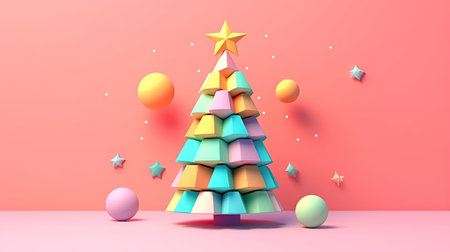 Christmas tree 3D gradient pastel colors background. Cute cartoonish candy colors Christmas decoration made with bubbly geometrical forms for event flayers, greeting postcards. AI Generative contentの素材