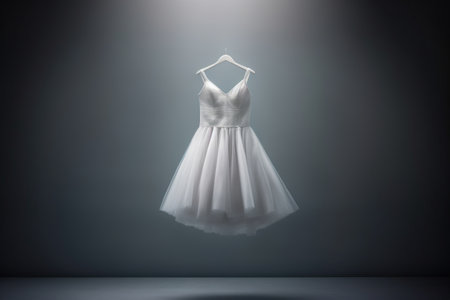 White tulle ballet tutu dress on black background with copy space. Balletcore fashion style, dance art, choreography classes promotion. AI Generative contentの素材