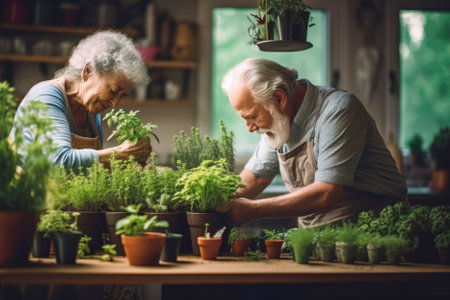 Couple caring their houseplants, wellbeing of older generation. Caucasian senior man and woman home gardening with green plants enjoying their time together retired. AI Generated contentの素材