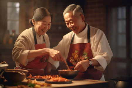 Senior asian race couple cooking meal at home together enjoying life. Mental health, work life balance, love concept. AI Generated contentの素材