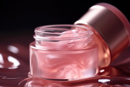 Skincare cosmetics cream jar product with macro texture pastel pink color background with copy space. Beauty and skin care product deep hydration or soothing swatch. AI Generative contentの素材