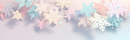 Multicolor snowflakes on candy gradient pastel color winter banner background with copy space for New Year, Christmas, party seasonal holiday promotion. Flat lay, top view. AI Generative contentの素材
