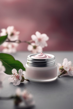 Natural skincare cosmetics cream jar product with pink spring flowers twig vertical background with copy space. Beauty and skin care herbal organic product deep hydration. AI Generative contentの素材