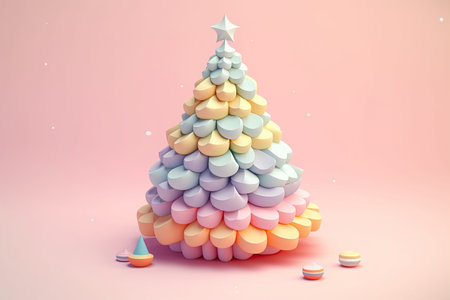 Christmas tree 3D gradient pastel colors background. Cute cartoonish candy colors Christmas decoration made with bubbly geometrical forms for event flayers, greeting postcards. AI Generative contentの素材