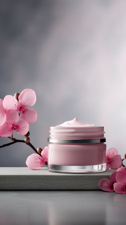 Natural skincare cosmetics cream jar product with pink spring flowers twig vertical background with copy space. Beauty and skin care herbal organic product deep hydration. AI Generative contentの素材