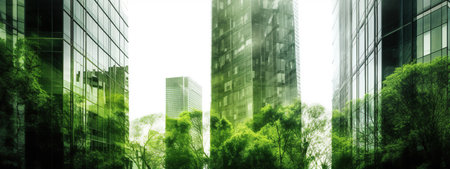Green city double exposure banner with high rise buildings and green trees and plants. Environmental care, nature protect or ecological concept. AI Generative contentの素材