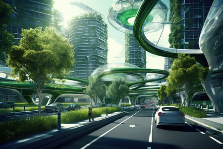 Green futuristic city streets with biophilia design buildings, green trees and plants. Environmental care, nature protect or ecological concept. AI Generative contentの素材