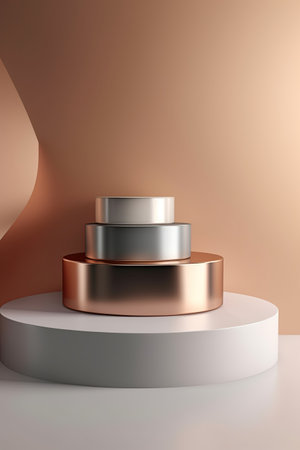 Empty podium showcase, geometric stand for cosmetics presentation in pastel colors with metallic details. Blank pedestal display mockup cylinders and circle shapes. AI Generated contentの素材