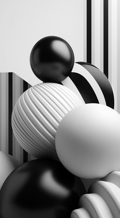 Black and white inflated smooth balls or bubbles abstract vertical background with copy space. AI Generated contentの素材