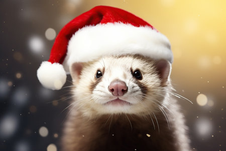 Cute funny baby ferret in red Santa Claus hat. Christmas or New Year portrait of domestic animal pet on Christmas tree decoration bokeh golden lights background with copy space. AI Generated contentの素材