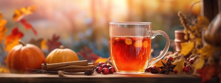 Hot berry drink glass cup, autumn leaves, pumpkins banner background, AI Generated contentの素材