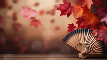 Traditional Japanese fan with red autumn leaves, fall vibes background, AI generated contentの素材