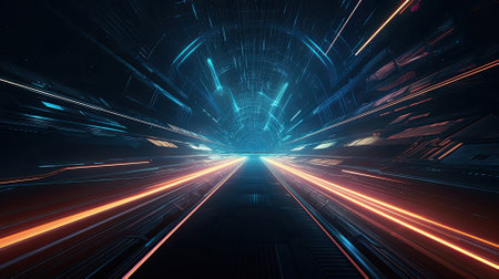 Hyperspace journey zooming through a tunnel filled orange and blue neon lights. AI Generated contentの素材