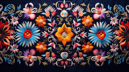 Vibrant embroidery of New Year floral designs showcasing detailed stitch work. AI Generated contentの素材