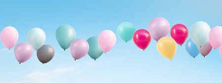 Pastel colors balloons bunch in blue sunny sky background with copy space, AI generated contentの素材