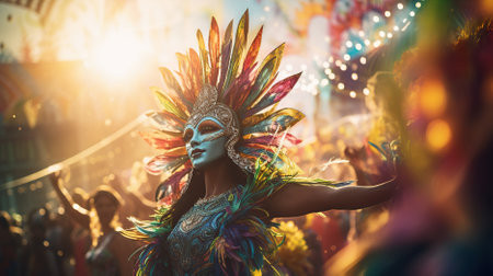 Mardi gras background with Brasil carnival bright dressed woman and copy space. AI Generated contentの素材