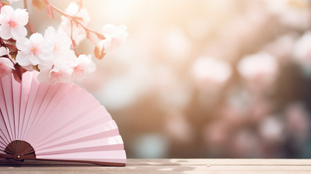 Traditional Japanese fan sensu in pink sakura blossom, spring vibes background, AI generated contentの素材