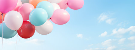 Pastel colors balloons bunch in blue sunny sky background with copy space, AI generated contentの素材